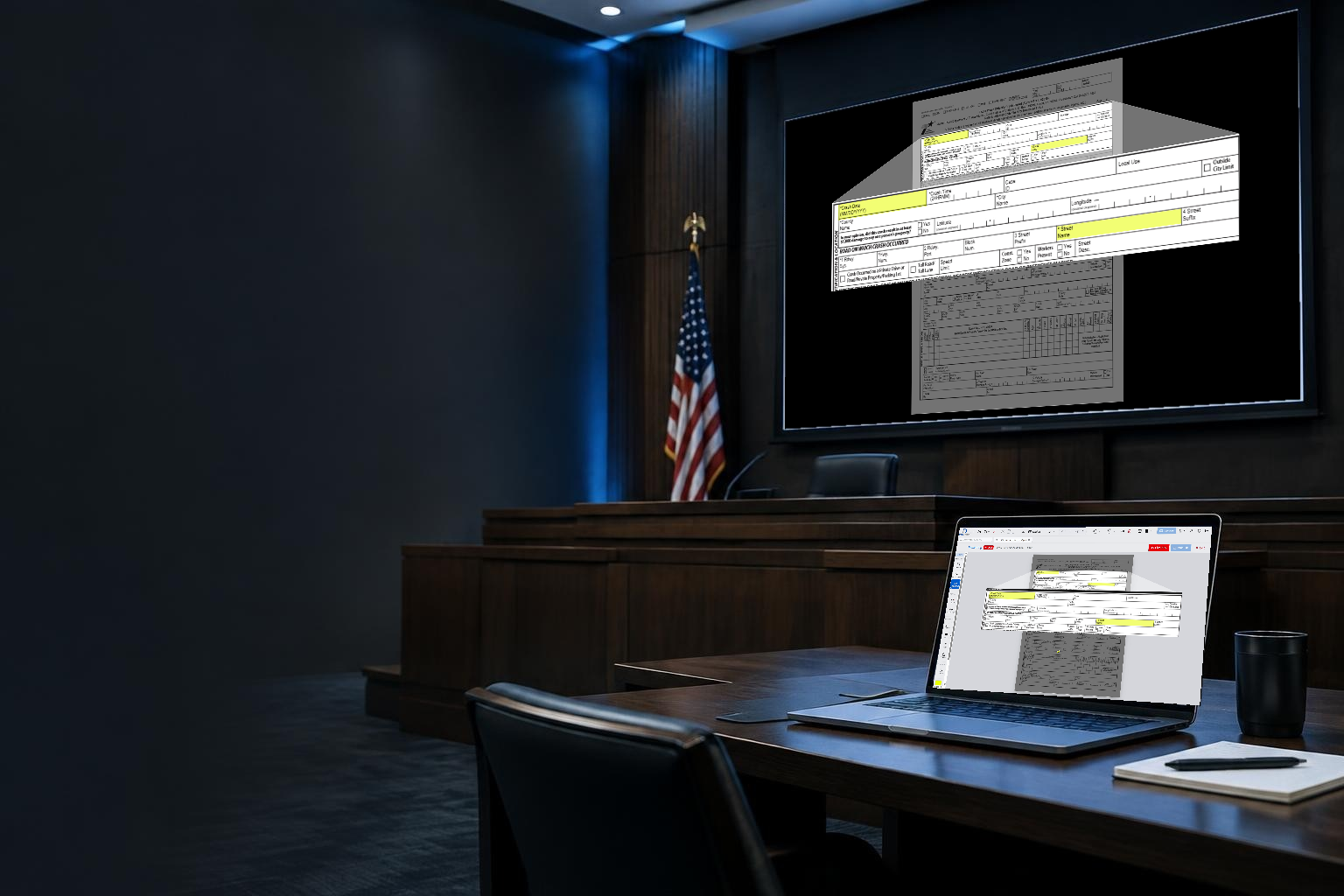 Illustrative courtroom setting; the large display shows an actual Docustrator Present screenshot and the laptop shows the actual Docustrator Control workspace