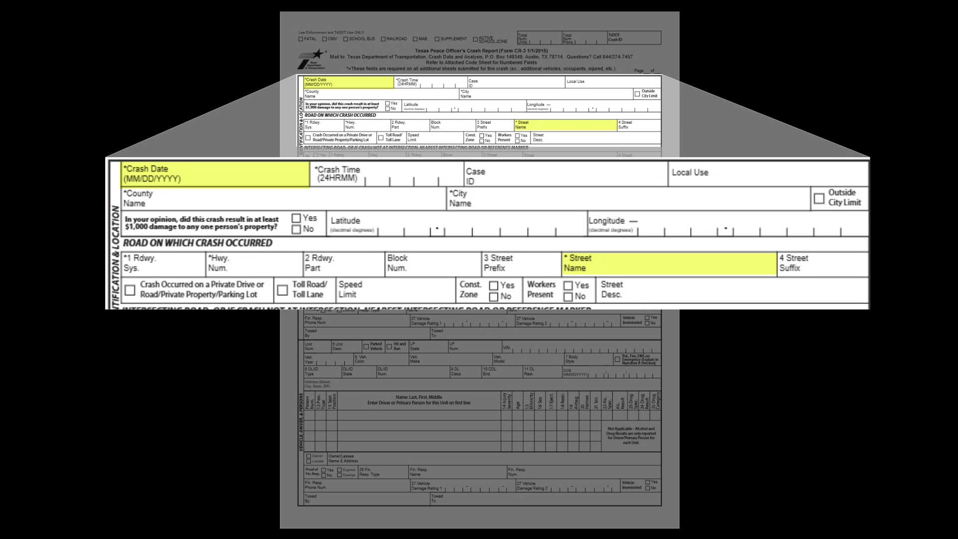 Docustrator Present window showing the matching crash report and complete Smart Zoom callout, with Crash Date and Street Name highlighted in yellow and no operator controls