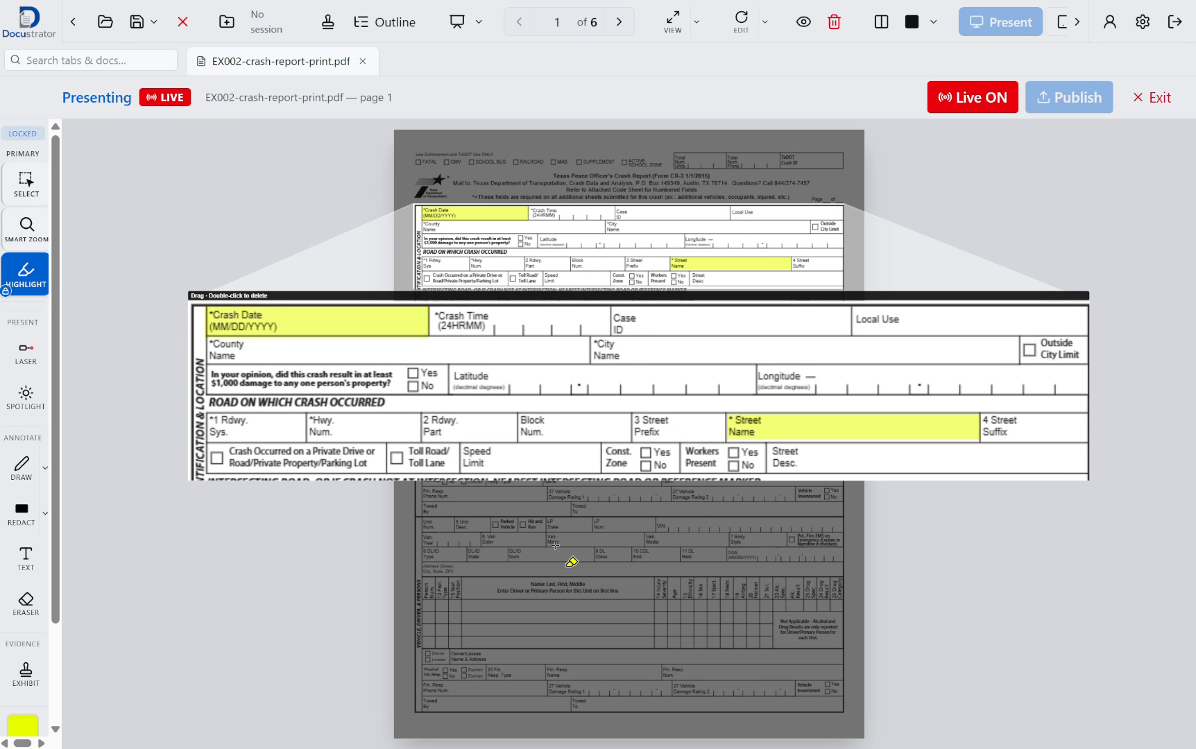 Smart Zoom window enlarging the Crash Date and Street Name fields of a crash report, highlighted in yellow