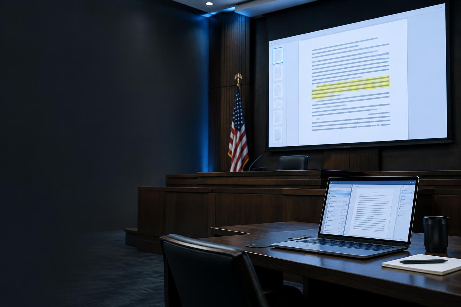 Illustrative courtroom presentation setup with a highlighted document on a display